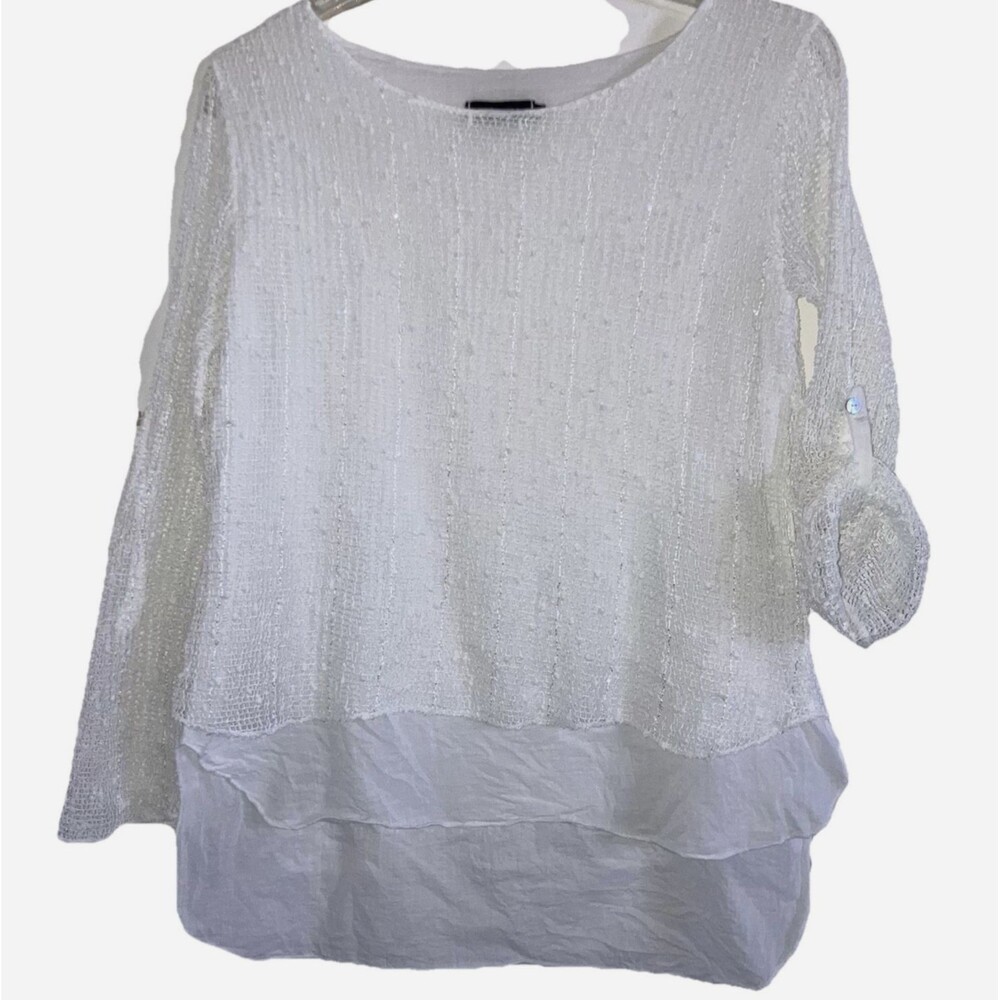 TODAY MADE IN ITALY  L  Solid White Cotton Flowy Knit Tiered Rhinestone Knit Top